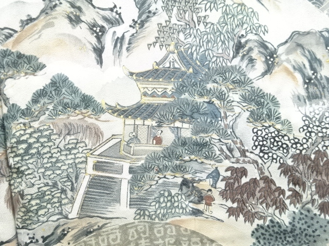 アンティーク　宝船に時代人物風景模様肩裏紋付羽二重男物羽織